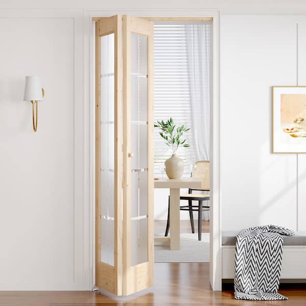 36 in. x 80 in. 3/4 Lite Frosted Glass Preassembled Solid Core Wood Spruce Bi-Fold Door with Hardware