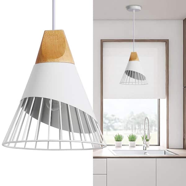 9.4 in. 1-Light Badminton Dome Pendant Light with White Cage Shade, Industrial Adjustable Height Wood Chandelier