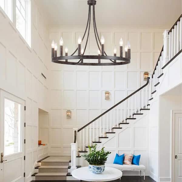 12-Light Vintage Brown Wagon Wheel Chandelier for Living Room Dinning Room with No Bulbs Included
