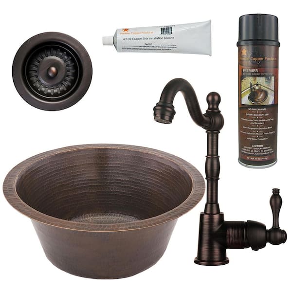 Premier Copper Products Bronze 16 Gauge Copper 16 in. Dual Mount Round Bar Sink with Faucet and 2 in. Strainer Drain