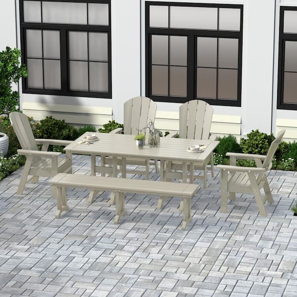 Laguna Sand 6-Piece HDPE Plastic Outdoor Dinning Set with Bench