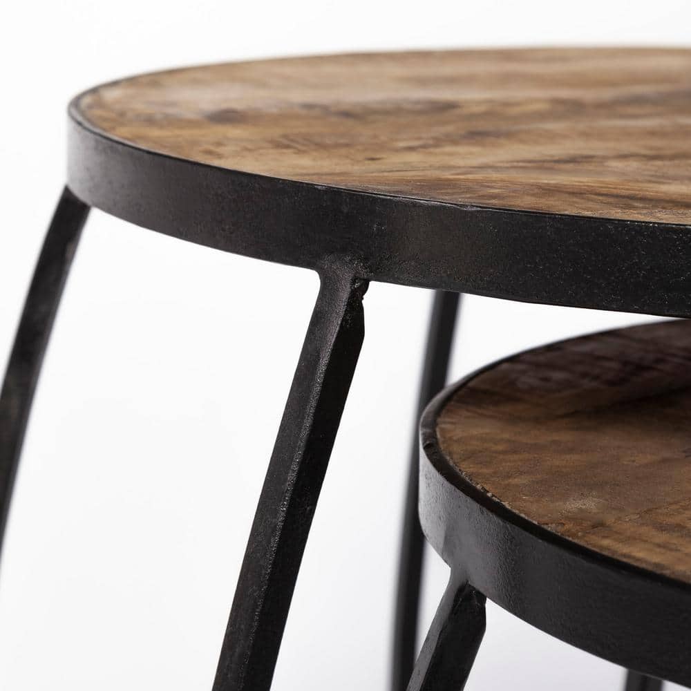 Medium Brown Round Mango Wood and Black Iron Nesting Accent Tables Set