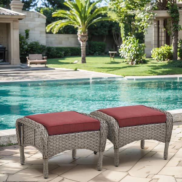 Bellefurn Rotavia 2-Piece Gray PE Wicker Steel Frame Outdoor Ottoman with Olefin Red Cushions, Multipurpose Patio Footstools