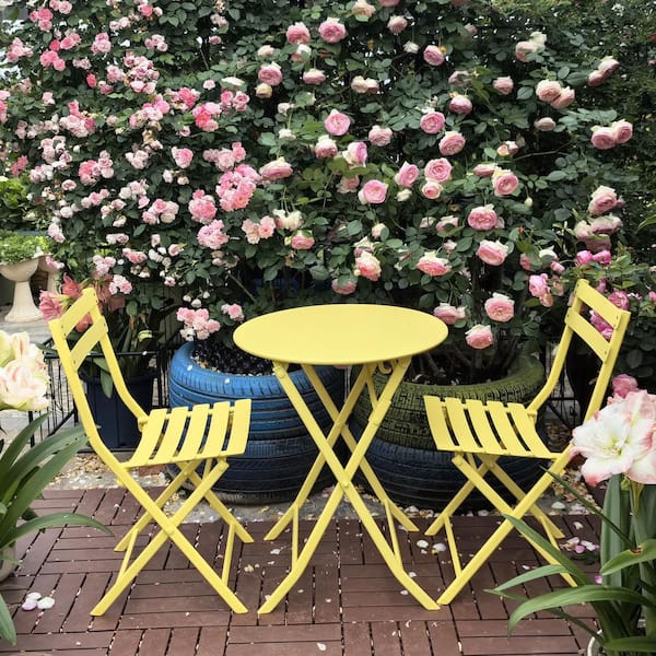 3-Pieces Patio Metal Outdoor Bistro Set of Foldable Square Table and Chairs in Yellow