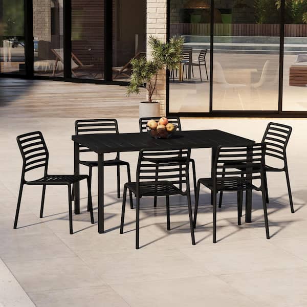 Frond and Form Outdoor Patio Modern 7-Piece Rectangular Steel Table, 6 Stackable HDPE Plastic Chairs Dining Set, Black
