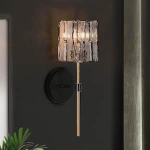Echonalyri Modern 1-Light Glam Matte Black and Plating Brass Wall Sconce with Geometric Textured Glass Shade