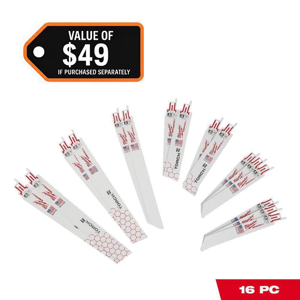 MILWAUKEE SAWZALL Metal Cutting Bi-Metal Reciprocating Blade Set W/ 9 in. 8 TPI Carbide TORCH Blade (17 Piece) (49-22-1216D)