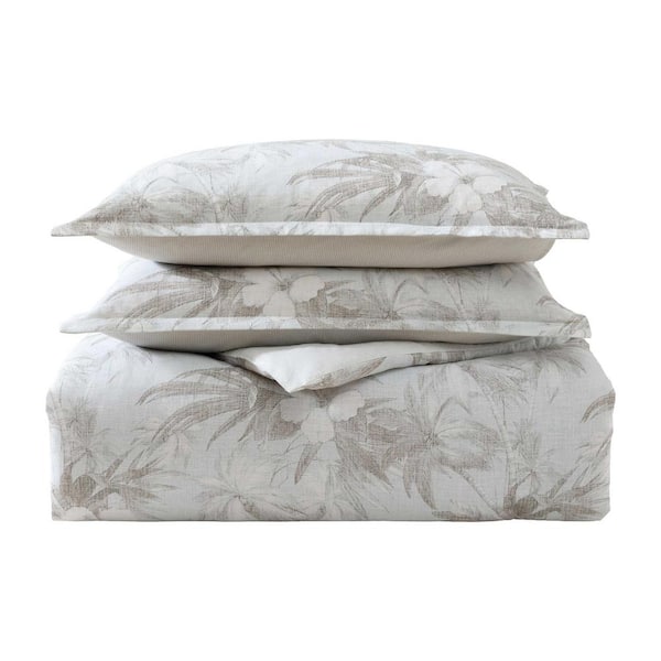 Beach Way Blooms 3-Piece Grey Cotton Linen Blend King Duvet Cover Set