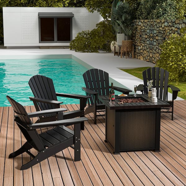 WESTIN OUTDOOR Mason 5-Piece Outdoor Patio HDPE Poly Plastic Classic Adirondack Chair Conversation Set with Square Fire Pit, Black
