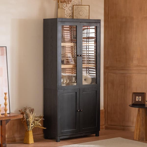 Harper & Bright Designs Black 74.5 in. H Storage Display Cabinet with 3 Adjustable Shelves, Glass Doors for Hallways, Living Room, Kitchen
