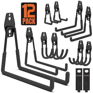 Black Wall Storage Hanger with 2 Extension Cord Straps, Tool Holder, Garage Hooks for Garden Lawn Tools (12-Pack)