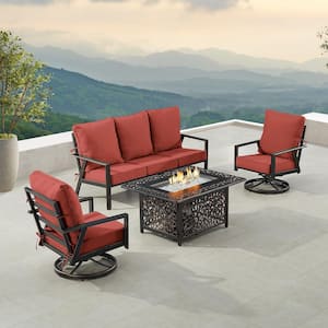 Black 5-Piece Aluminum Patio Fire Pit with Deep Seating Sofa and 2-Club Chairs Red Cushions