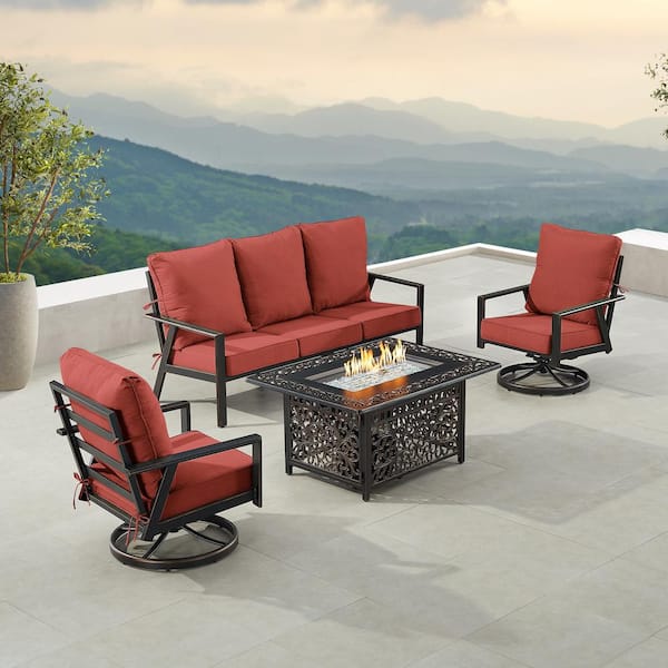 Oakland Living Black 5-Piece Aluminum Patio Fire Pit with Deep Seating Sofa and 2-Club Chairs Red Cushions