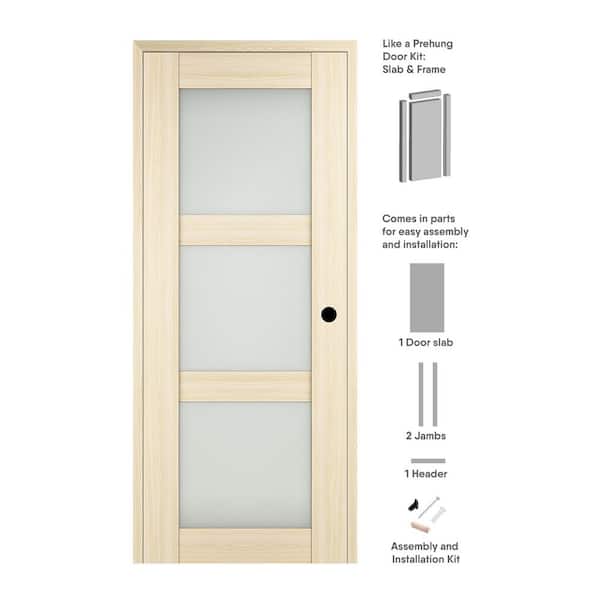 Belldinni Vona 24 in. x 84 in. Left-Hand 3-Lite Frosted Glass Loire Ash Composite Solid Core Wood Single Prehung Interior Door