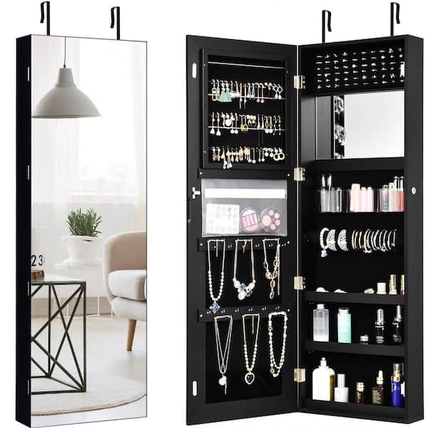 Costway Wall And Door Mounted Jewelry Box Cabinet Lockable Storage Organizer With Frameless Mirror Hw60386bk The Home Depot - Wall Door Mirror Jewelry Storage