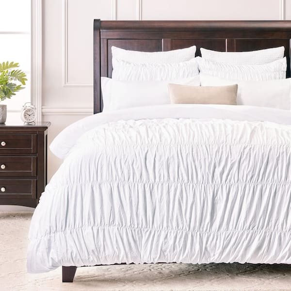 CHANASYA Chanasya Ruched Textured Boho Chic White Solid Color Washed Microfiber Duvet Cover Set, King