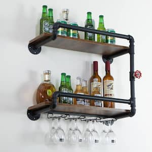 2-Tier Wall Mounted Wine Rack, Hanging Floating Small Mini Bar Liquor Shelves with Glass Holder Storage Under