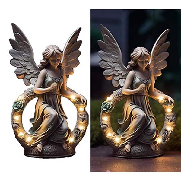 14 in. Gray Fiberglass Solar Angel Statuary