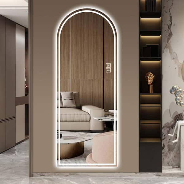 Unbranded Silver 21 in. W x 65 in. H Arched Metal LED Full Length Mirror, Standing Hanging or Leaning Against Wall Floor Mirrors