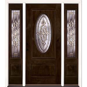 59.5 in.x81.625in.Silverdale Patina 3/4 Oval Lt Stained Chestnut Mahogany Rt-Hd Fiberglass Prehung Front Door w Sidelite