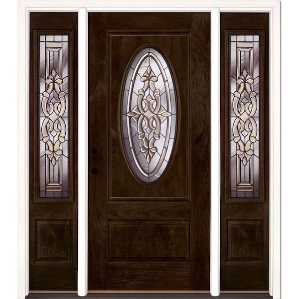 Feather River Doors 59.5 in.x81.625in.Silverdale Patina 3/4 Oval Lt Stained Chestnut Mahogany Rt-Hd Fiberglass Prehung Front Door w Sidelite