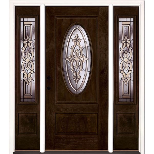59.5 in.x81.625in.Silverdale Patina 3/4 Oval Lt Stained Chestnut Mahogany Rt-Hd Fiberglass Prehung Front Door w Sidelite