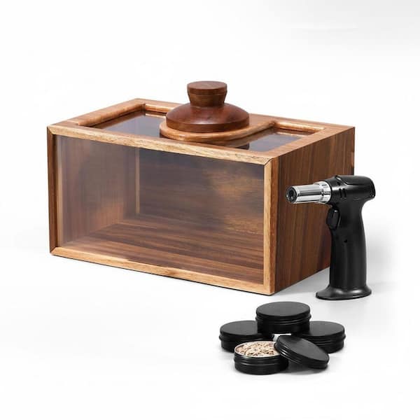 Black Wood Cocktail Smoker Kit Kitchen Drink Smoker Box with Torch Food Tray and Wood Chips（No Butane）