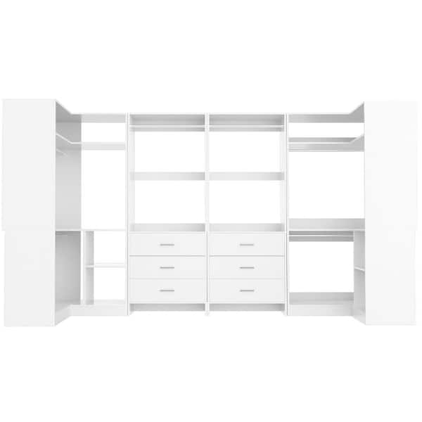 112.5-in U-Shaped Walk-In Closet Systems with 6 Drawers & 6 Hanging Rods & Corner Tower Set of 4 White