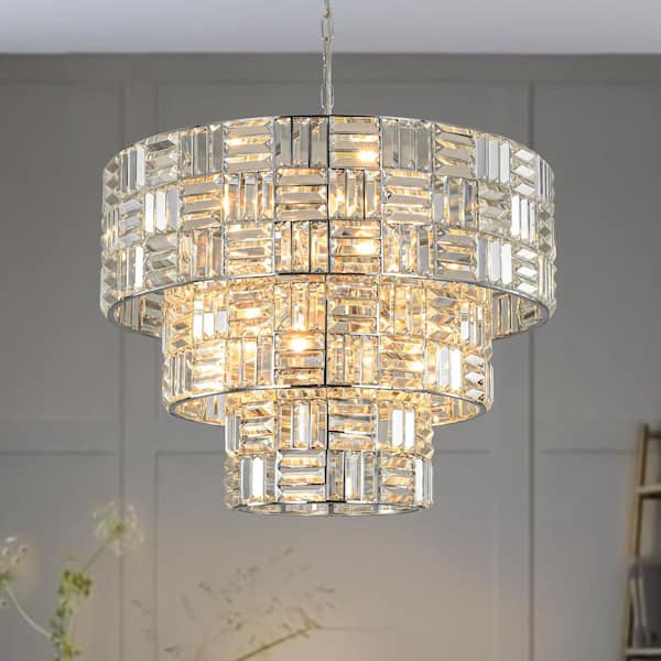 HUOKU Luz 11-Light 3-Tier Round Crystal Chandelier Chrome Finish Round with Crystal for Living Room