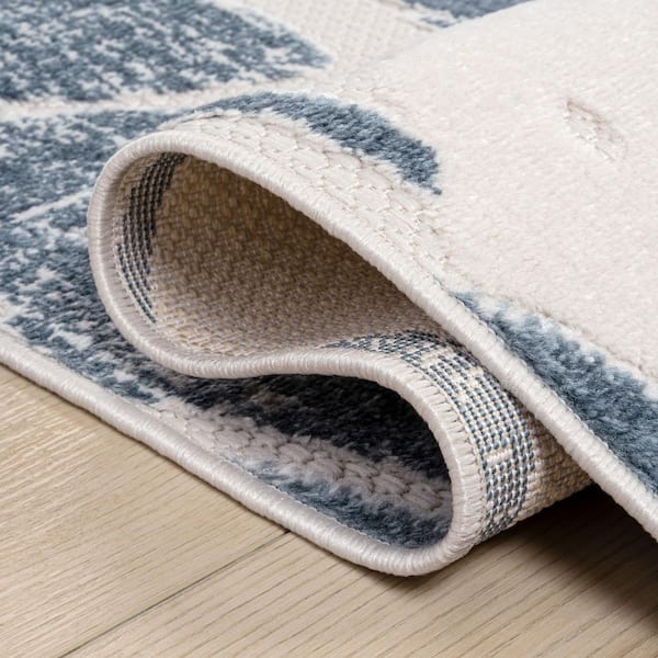 Monstera Tropical Leaf High-Low Cream/Dark Blue 2 ft. x 8 ft. Indoor/Outdoor Runner Rug