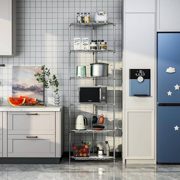 6-Shelf Corner Wire Rack - Chrome - Adjustable Heavy Duty Metal Storage Shelves with Leveling Feet for Bathroom, Kitchen