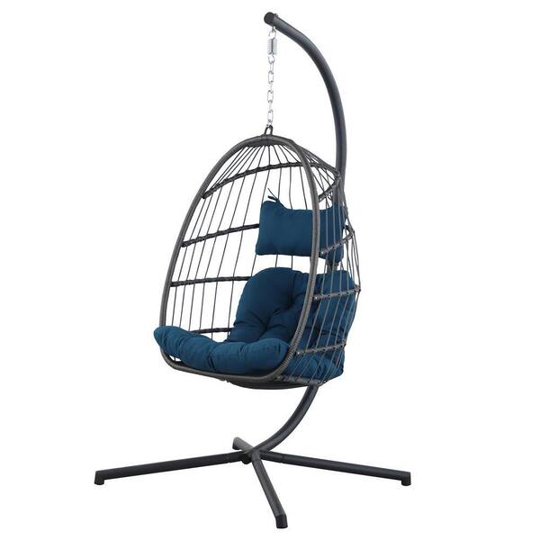 FORCLOVER 38 in. Black Wicker Aluminum Patio Swing Chair with Blue Cushion and Stand