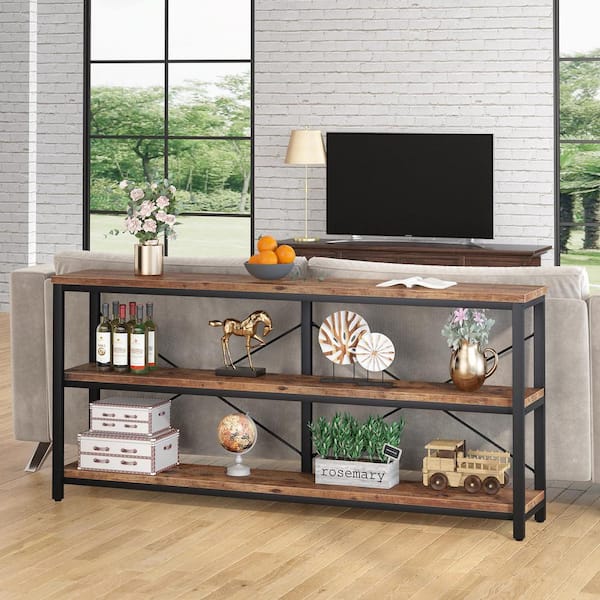 Eileen 70.9 in. Rectangle Black Metal Rustic Brown Particle Board Wood Top Sofa Table with 3 Open Storage Shelves