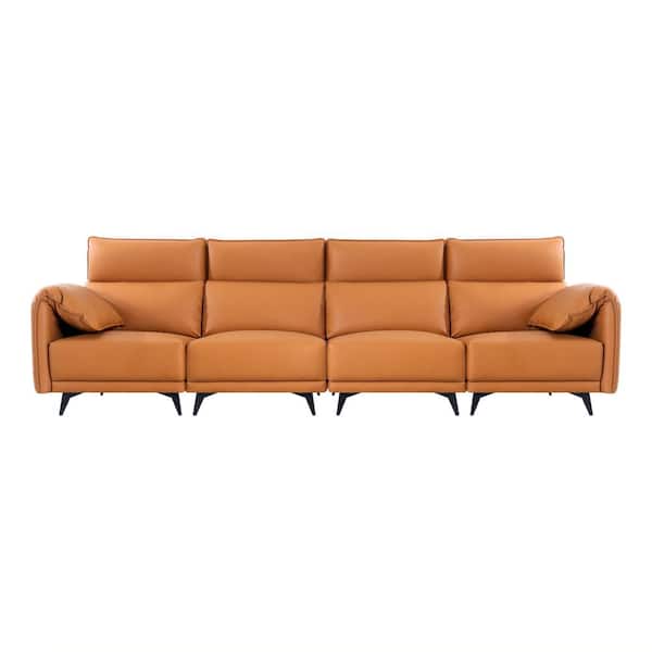 MAYKOOSH 122.83 in. Faux Leather 4-Seater Sofa Couch with Headrests Small Sectional Living Room Sofa Set in Caramel