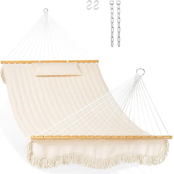12 ft. Double Quilted Fabric Hammock with Hardwood Spreader Bars, Tassels, Soft Pillows, Chain, Cream Color