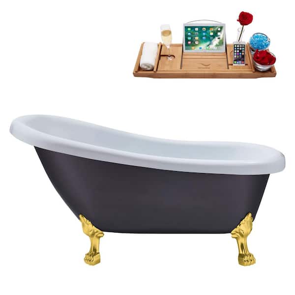 Streamline 61 in. Acrylic Clawfoot Non-Whirlpool Bathtub in Matte Gray With Polished Gold Clawfeet And Polished Gold Drain