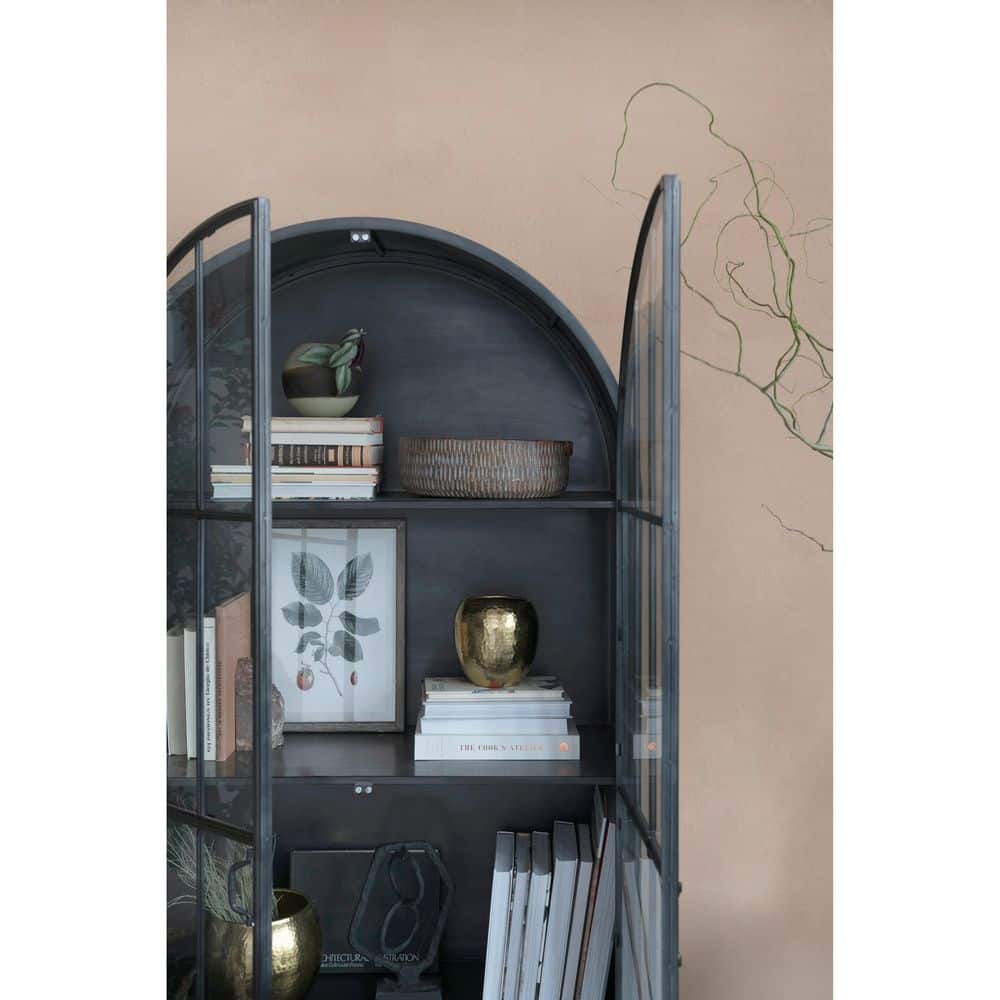 Arched Black Iron and Glass Office Storage Cabinet