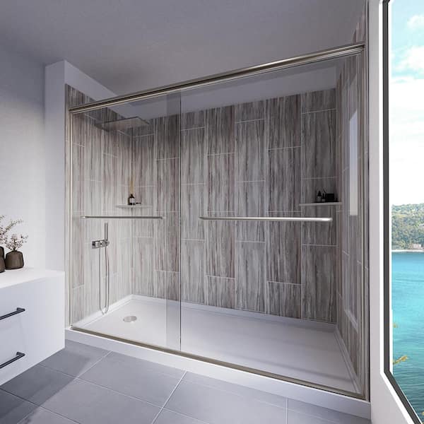 NuVo Driftwood-Rainier 60 in. x 32 in. x 83 in. Base/Wall/Door Rectangular Alcove Shower Stall/Kit Brushed Nickel Left