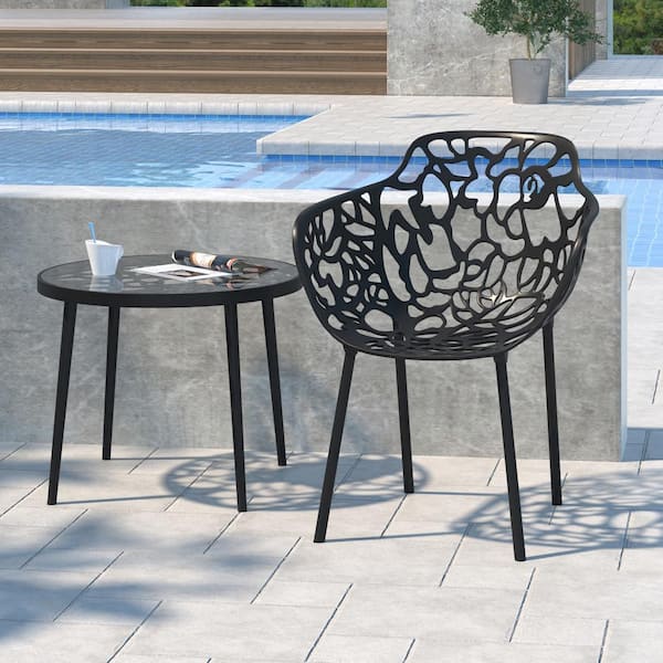 Leisuremod Devon Outdoor Dining Chair in Aluminum Modern Stackable Design Patio Arm Chair in Black
