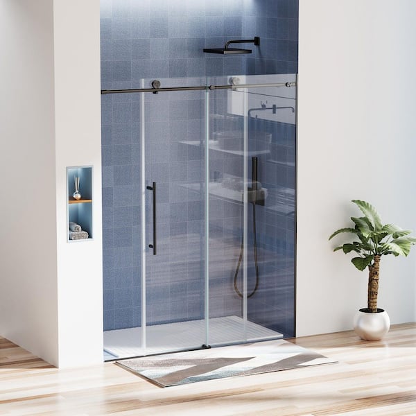 56 in.-60 in. W x 76 in. H Single Sliding Frameless Shower Door in Matte Black with 10mm Tempered Glass, Soft Closing