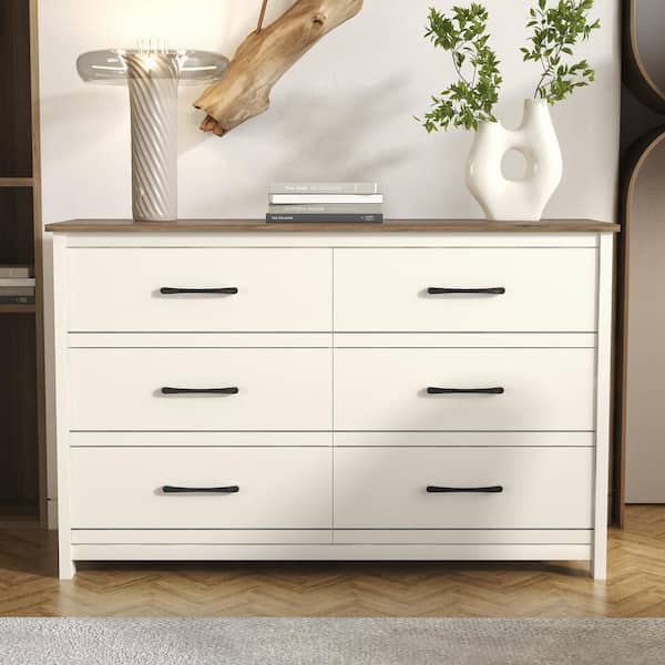 GALANO Kellie 6 Drawers Ivory with Knotty Oak Dresser (30.9 in. H x 47 in. W x 16.5 in. D)