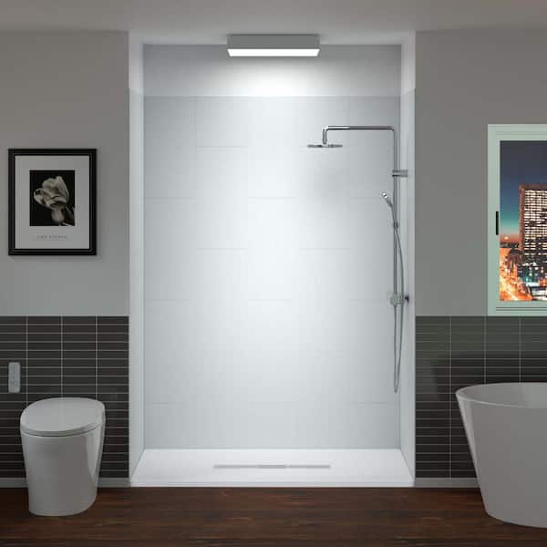 WOODBRIDGE 60 in. L x 36 in. W x 75 in. H 4-Pieces Alcove Shower Kit with Glue Up Shower Wall and Shower Pan in White/White-BN