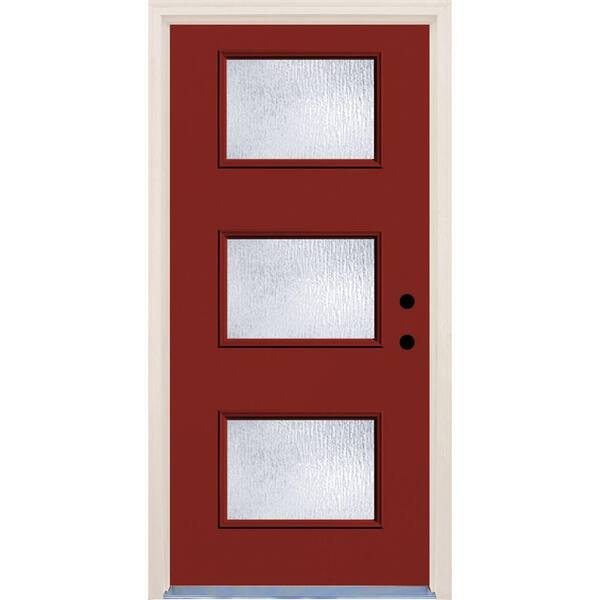 Builders Choice 36 in. x 80 in. Cordovan 3 Lite Rain Glass Painted Fiberglass Prehung Front Door with Brickmould