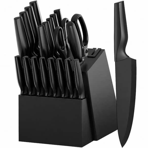21-Piece Black Stainless Steel Knife Set with Block and Built-in Sharpener for Kitchen
