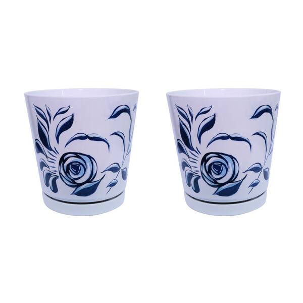 MPG 8.75 in. Blue Stylized Floral Melamine Planter with Self Watering Saucer (2-Pack)