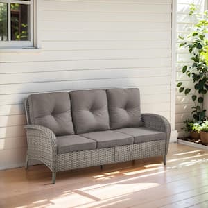 PlainCurve Metal and Gray Wicker Patio Outdoor 3-Seat Sectional Couch Sofa with Olefin Gray Cushions