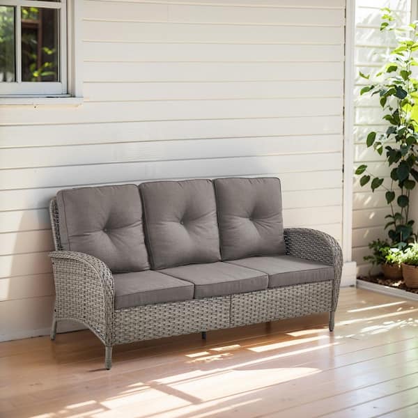 Opohoro PlainCurve Metal and Gray Wicker Patio Outdoor 3-Seat Sectional Couch Sofa with Olefin Gray Cushions