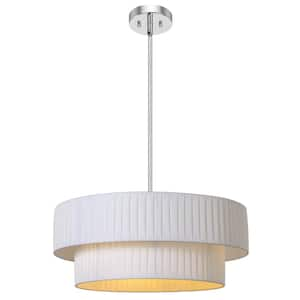 3-Light Polished Chrome Drum Pendant Light with White Fabric Shade