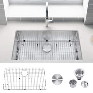 32 in Undermount Single Bowl 18 -Gauge Stainless Steel Kitchen Sink with Bottom Grids