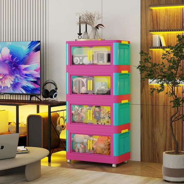 Unbranded 50 in. H Multi-Colored Plastic Folding Storage Cabinet with Wheels 5-Tier Collapsible Storage Bins with Magnetic Doors